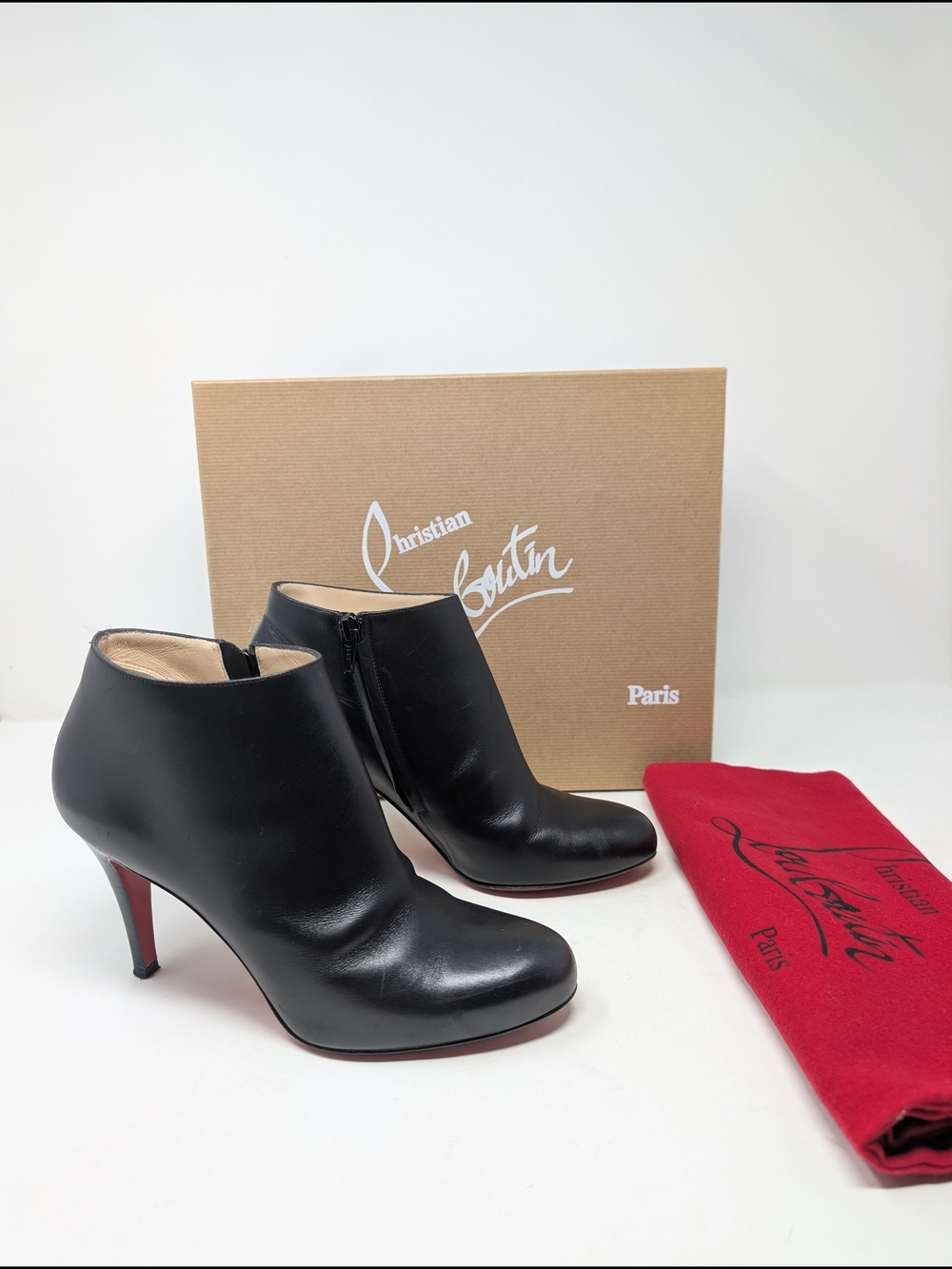 Christian Louboutin Belle 85mm Black Leather Ankle Boots Booties Size 37
